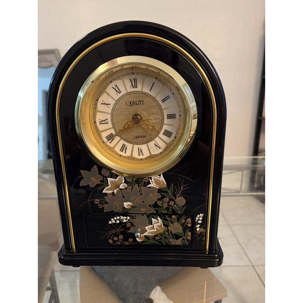 VTG Japanese Table Clock Black Lacquer Style Floral w/ Drawer Quartz Japan 12"